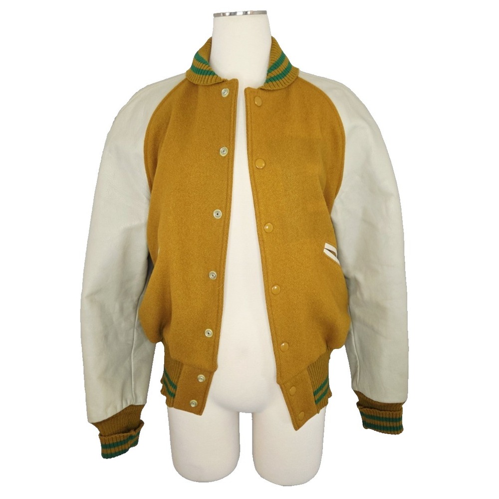 Vintage Butwin Varsity Letterman Jacket 40 Yellow Green Wool Leather 1950s 1960s - Picture 1 of 15